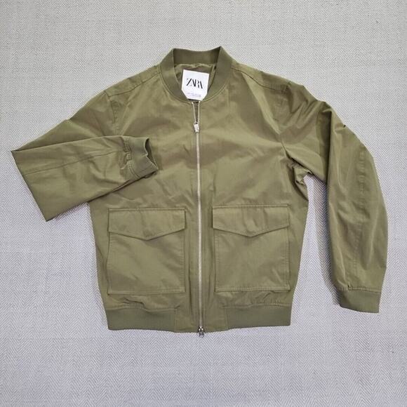 Zara Bomber Jacket Men's Medium Olive Green Two Way Zipper Five Pockets - Picture 1 of 13